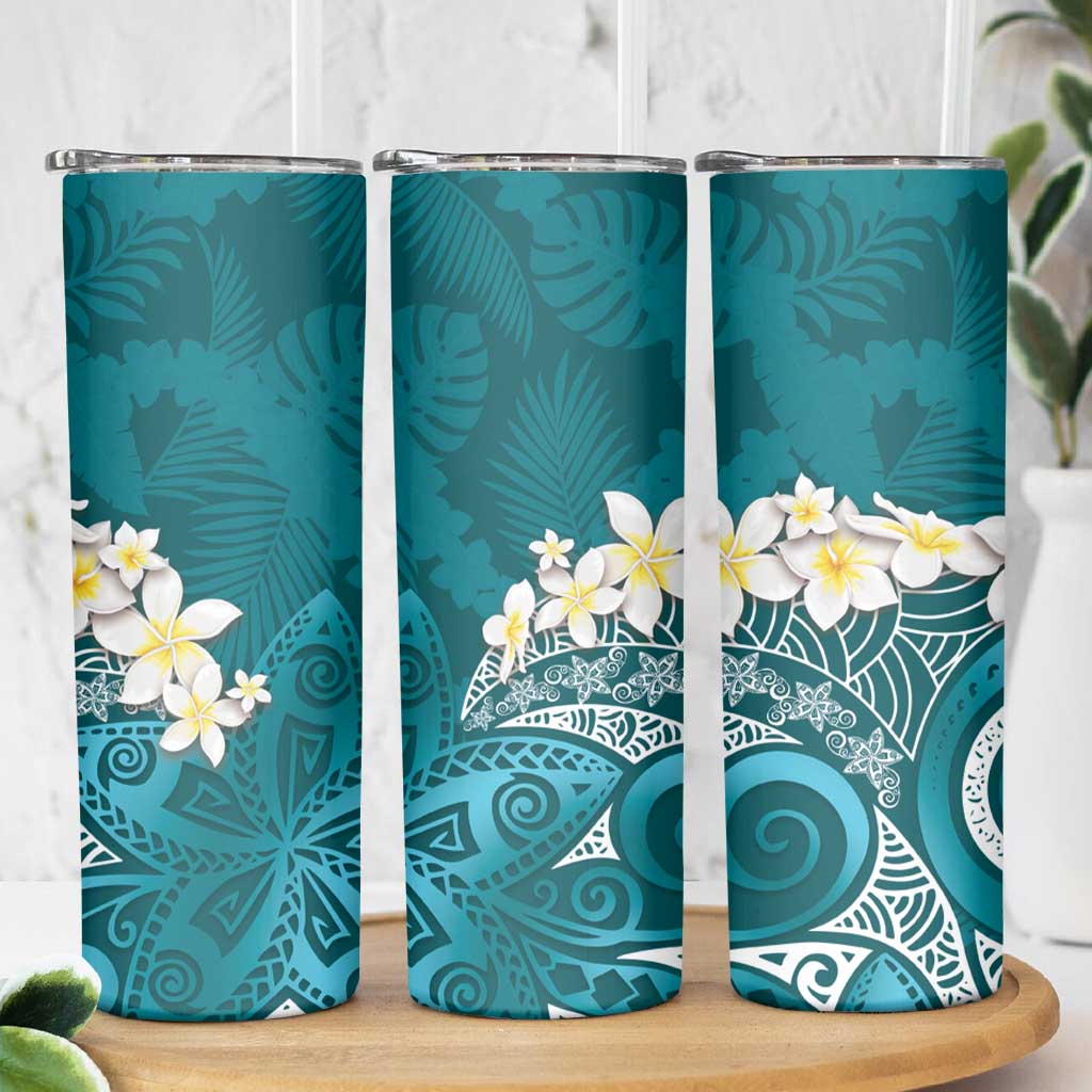 Cyan Polynesian Tribal Frangipani Tropical Vibe Skinny Tumbler
