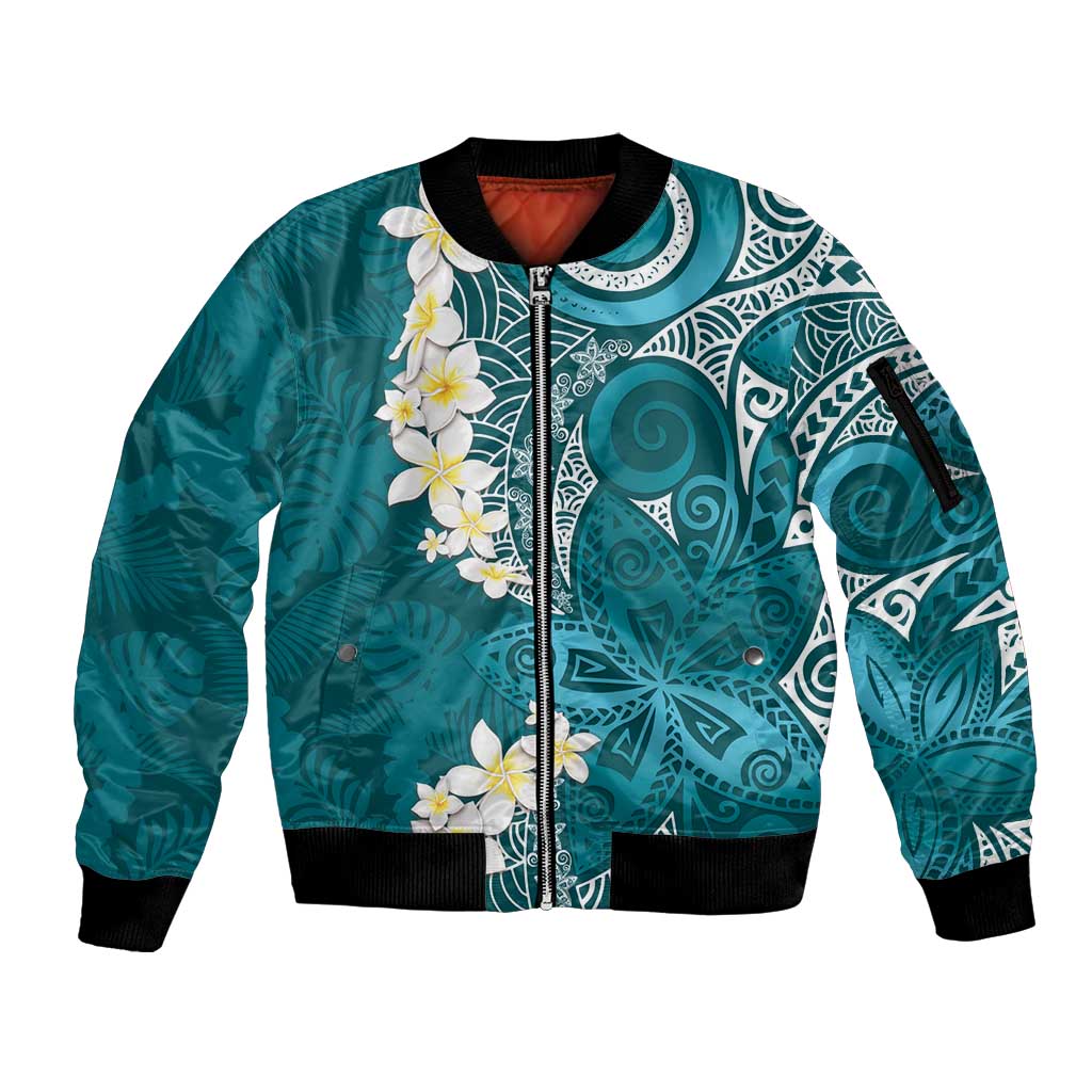 Cyan Polynesian Tribal Frangipani Tropical Vibe Sleeve Zip Bomber Jacket
