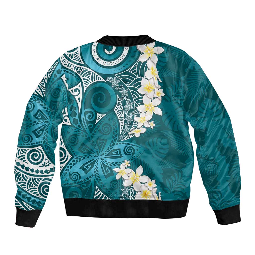 Cyan Polynesian Tribal Frangipani Tropical Vibe Sleeve Zip Bomber Jacket