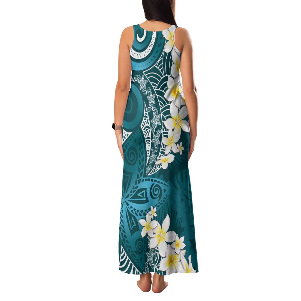 Cyan Polynesian Tribal Frangipani Tropical Vibe Tank Maxi Dress