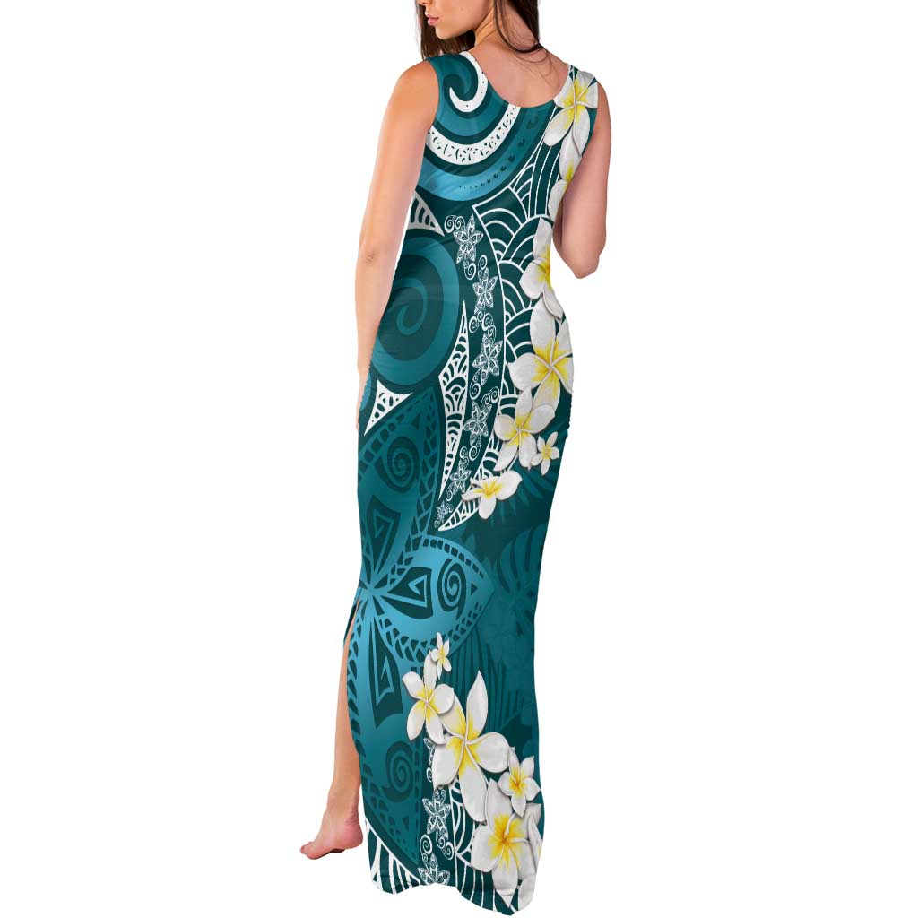 Cyan Polynesian Tribal Frangipani Tropical Vibe Tank Maxi Dress
