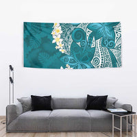 Cyan Polynesian Tribal Frangipani Tropical Vibe Tapestry