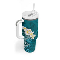 Cyan Polynesian Tribal Frangipani Tropical Vibe Tumbler With Handle
