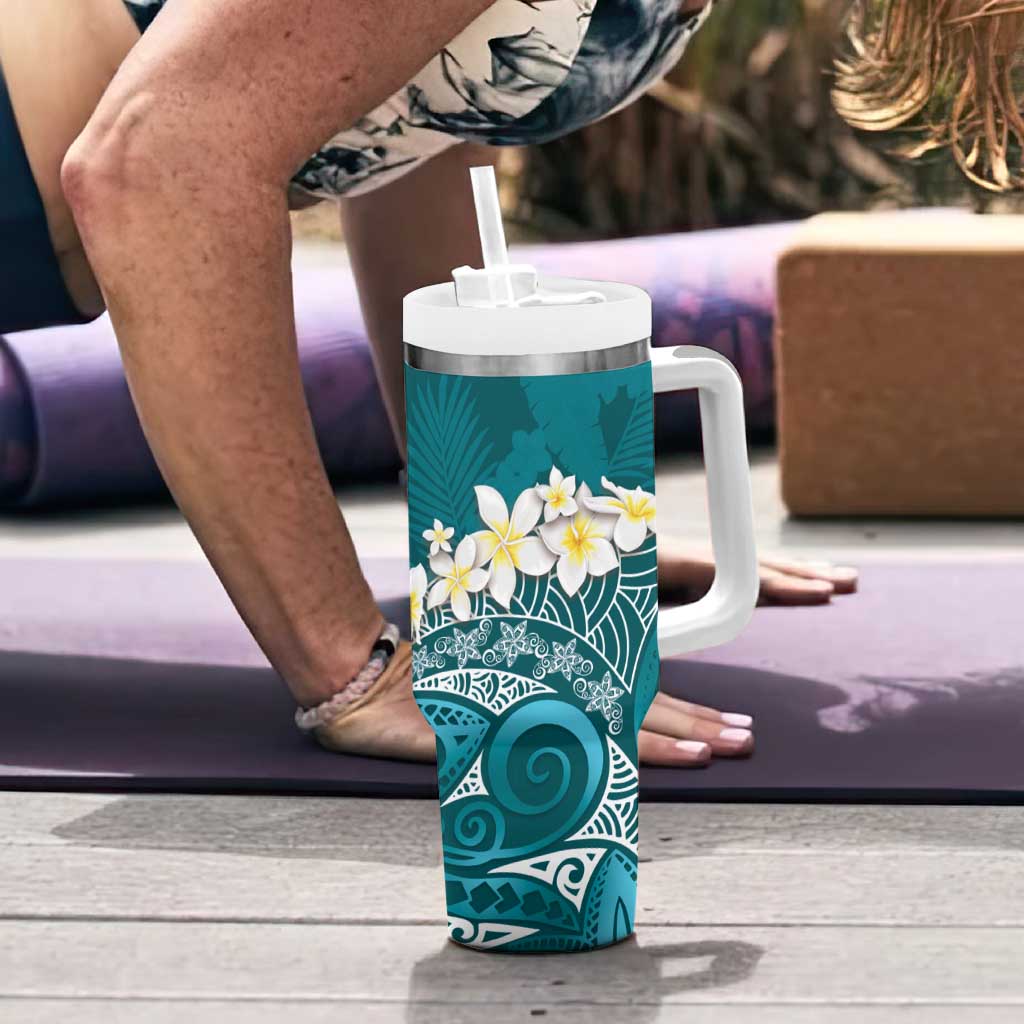 Cyan Polynesian Tribal Frangipani Tropical Vibe Tumbler With Handle