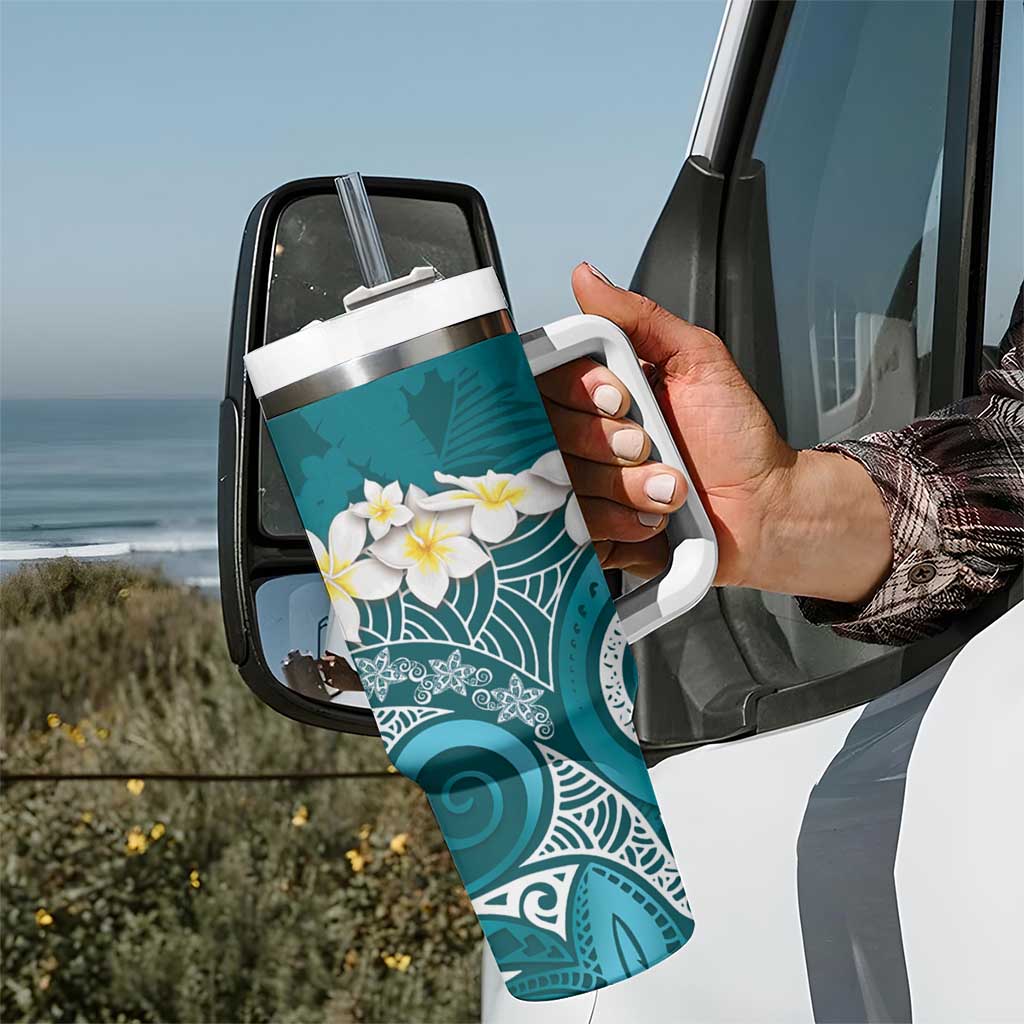 Cyan Polynesian Tribal Frangipani Tropical Vibe Tumbler With Handle