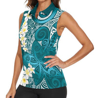 Cyan Polynesian Tribal Frangipani Tropical Vibe Women Sleeveless Polo Shirt
