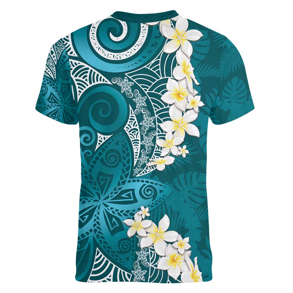 Cyan Polynesian Tribal Frangipani Tropical Vibe Women V-Neck T-Shirt