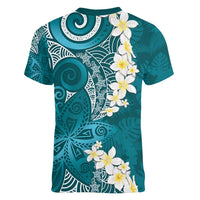 Cyan Polynesian Tribal Frangipani Tropical Vibe Women V-Neck T-Shirt