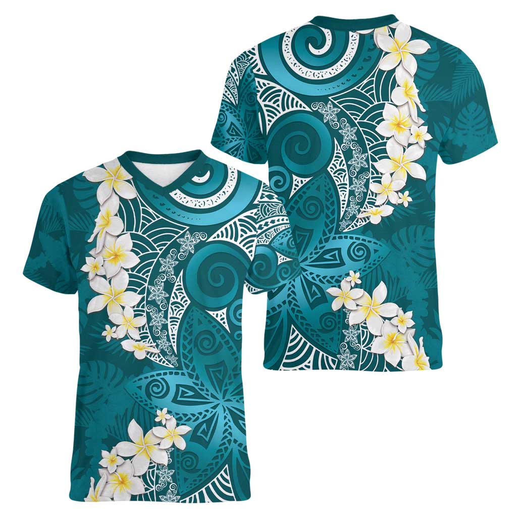 Cyan Polynesian Tribal Frangipani Tropical Vibe Women V-Neck T-Shirt