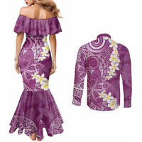 Pink Polynesian Tribal Frangipani Tropical Vibe Couples Matching Mermaid Dress and Long Sleeve Button Shirt