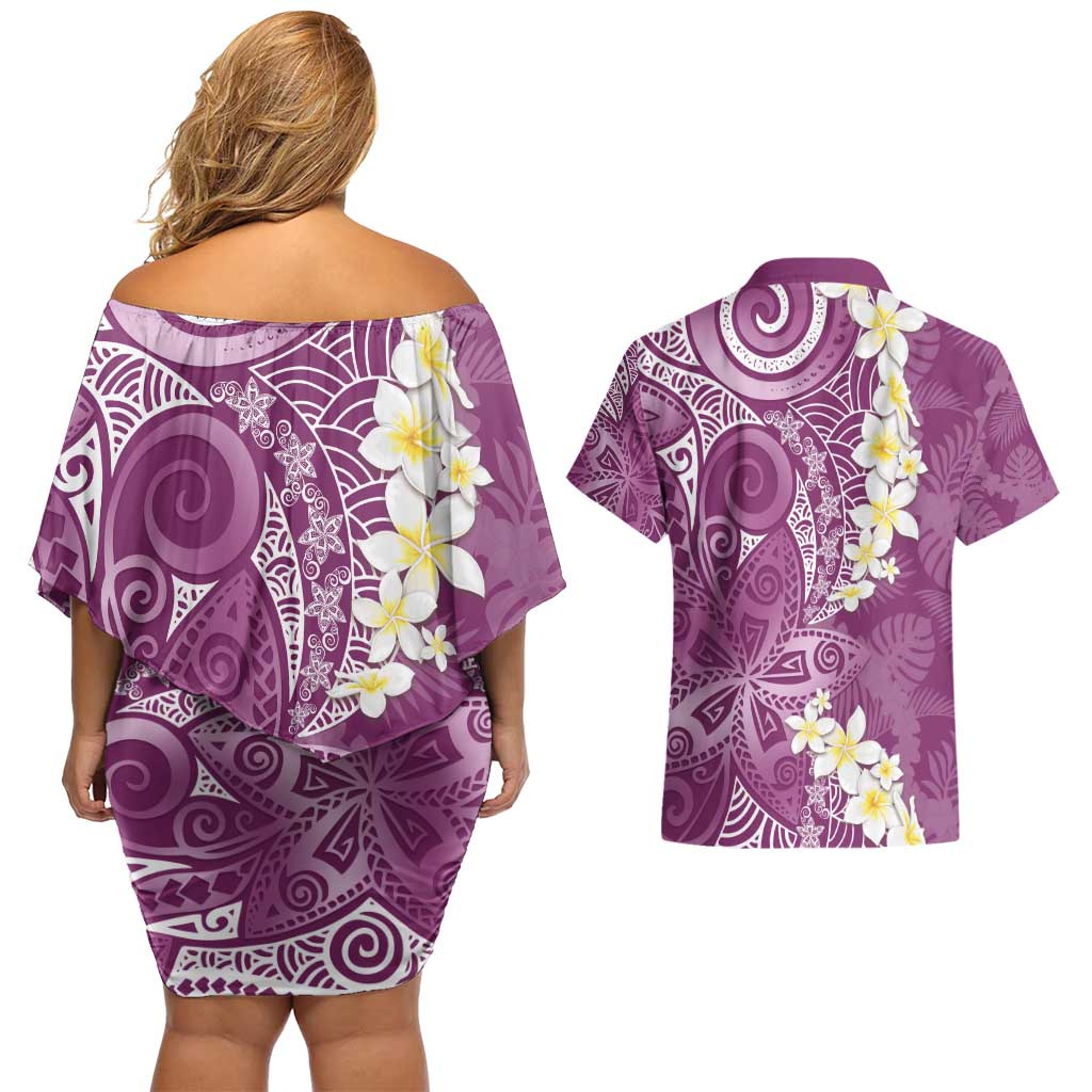 Pink Polynesian Tribal Frangipani Tropical Vibe Couples Matching Off Shoulder Short Dress and Hawaiian Shirt