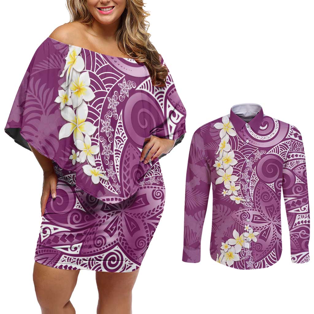 Pink Polynesian Tribal Frangipani Tropical Vibe Couples Matching Off Shoulder Short Dress and Long Sleeve Button Shirt