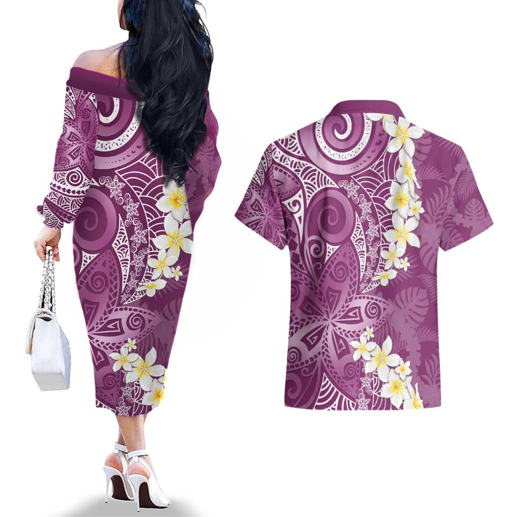 Pink Polynesian Tribal Frangipani Tropical Vibe Couples Matching Off The Shoulder Long Sleeve Dress and Hawaiian Shirt