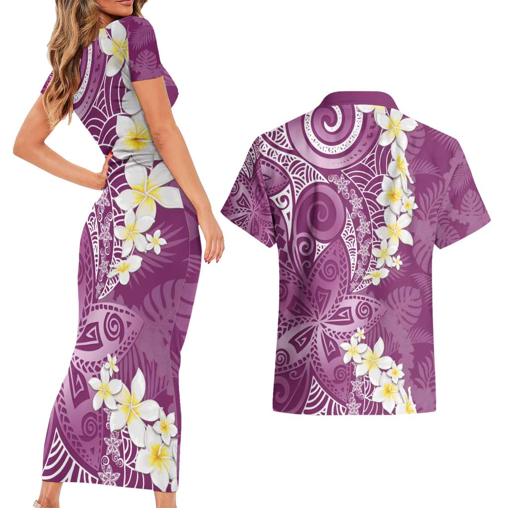 Pink Polynesian Tribal Frangipani Tropical Vibe Couples Matching Short Sleeve Bodycon Dress and Hawaiian Shirt