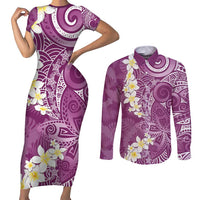 Pink Polynesian Tribal Frangipani Tropical Vibe Couples Matching Short Sleeve Bodycon Dress and Long Sleeve Button Shirt