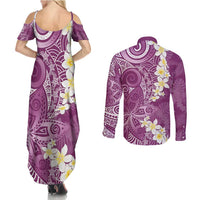 Pink Polynesian Tribal Frangipani Tropical Vibe Couples Matching Summer Maxi Dress and Long Sleeve Button Shirt