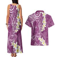 Pink Polynesian Tribal Frangipani Tropical Vibe Couples Matching Tank Maxi Dress and Hawaiian Shirt