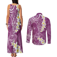 Pink Polynesian Tribal Frangipani Tropical Vibe Couples Matching Tank Maxi Dress and Long Sleeve Button Shirt