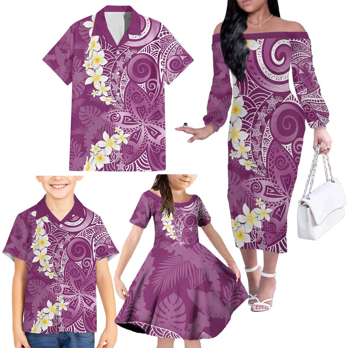 Pink Polynesian Tribal Frangipani Tropical Vibe Family Matching Off The Shoulder Long Sleeve Dress and Hawaiian Shirt