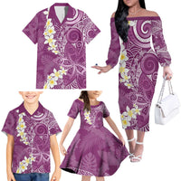 Pink Polynesian Tribal Frangipani Tropical Vibe Family Matching Off The Shoulder Long Sleeve Dress and Hawaiian Shirt