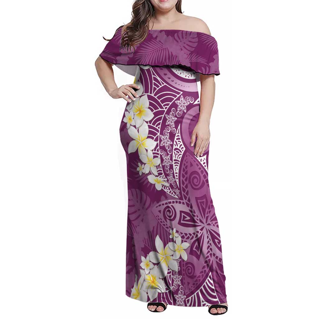 Pink Polynesian Tribal Frangipani Tropical Vibe Family Matching Off Shoulder Maxi Dress and Hawaiian Shirt