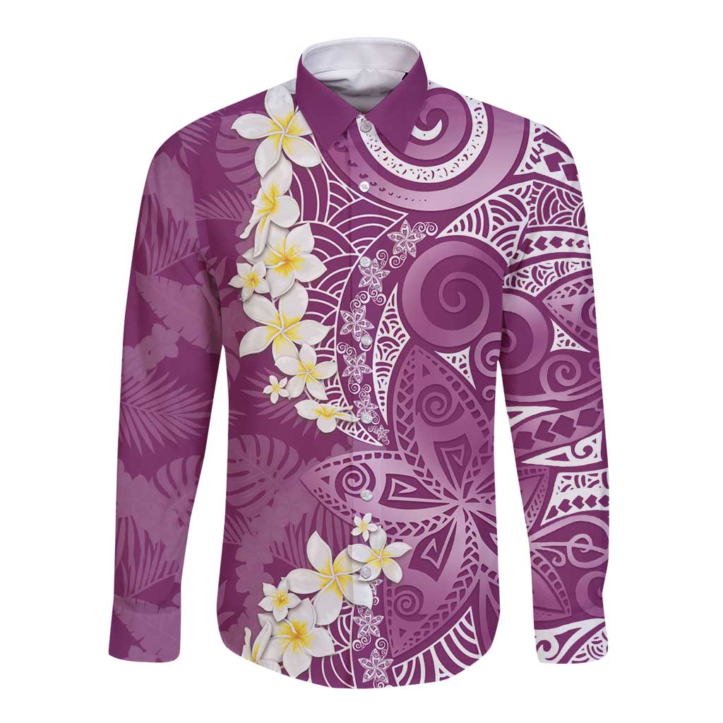 Pink Polynesian Tribal Frangipani Tropical Vibe Long Sleeve Button Shirt
