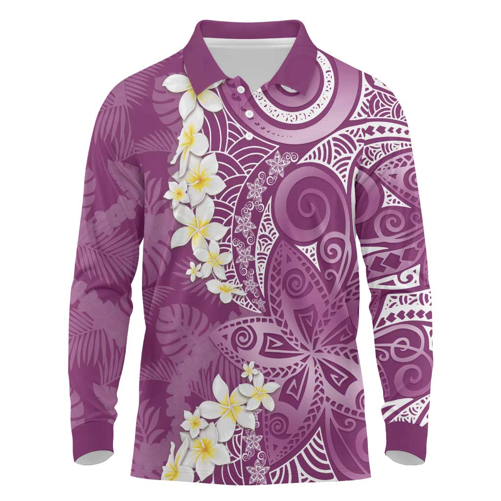 Pink Polynesian Tribal Frangipani Tropical Vibe Long Sleeve Polo Shirt LT14 Pink - Polynesian Pride