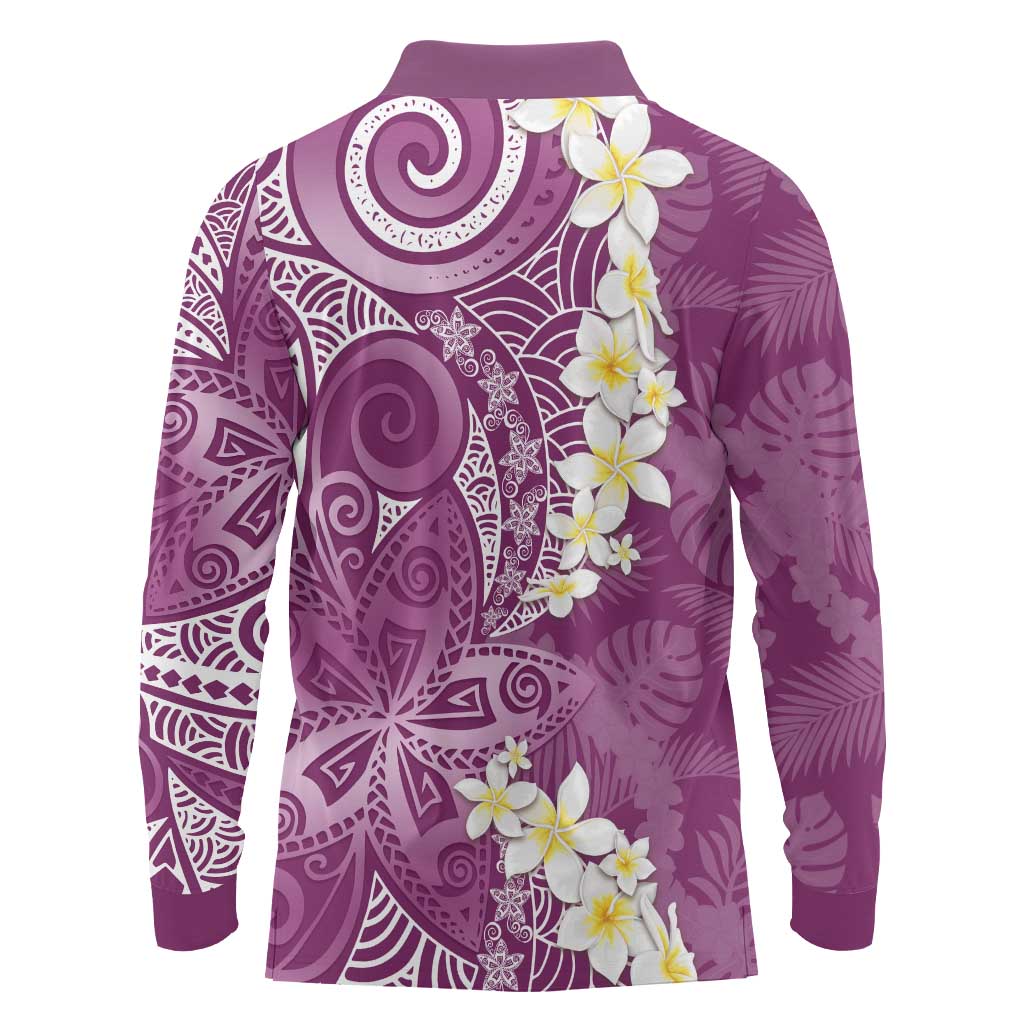Pink Polynesian Tribal Frangipani Tropical Vibe Long Sleeve Polo Shirt