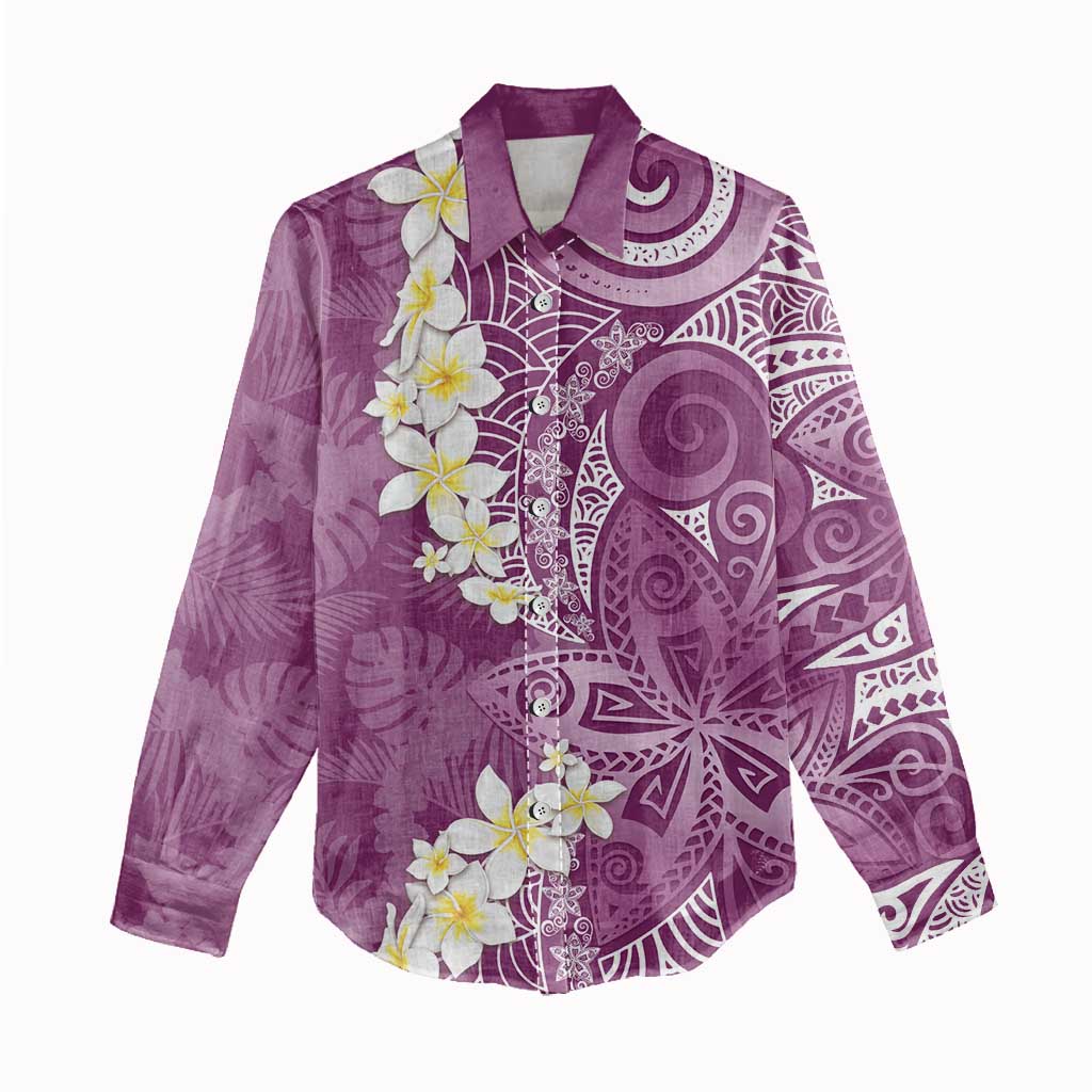 Pink Polynesian Tribal Frangipani Tropical Vibe Women Casual Shirt