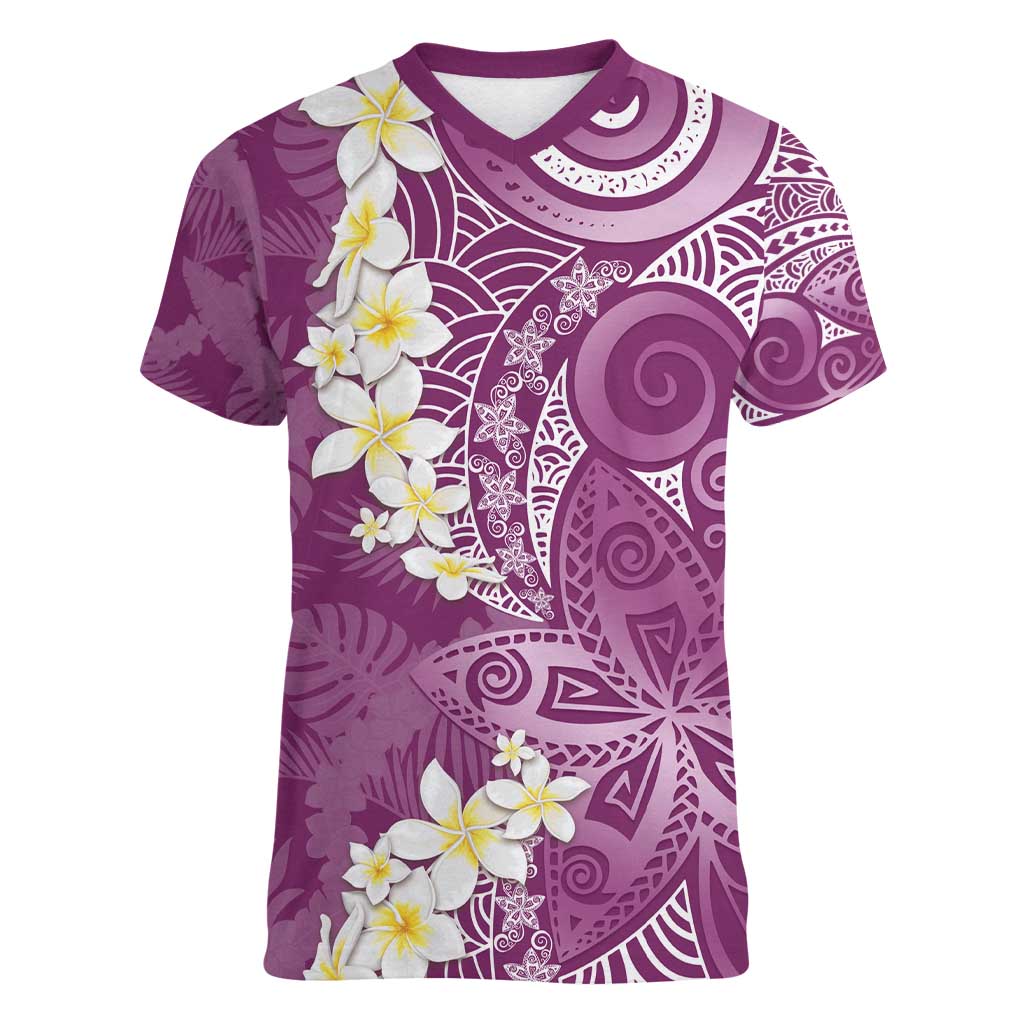 Pink Polynesian Tribal Frangipani Tropical Vibe Women V-Neck T-Shirt