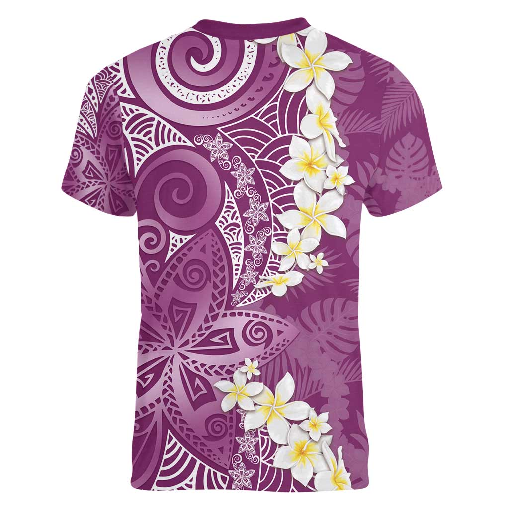 Pink Polynesian Tribal Frangipani Tropical Vibe Women V-Neck T-Shirt