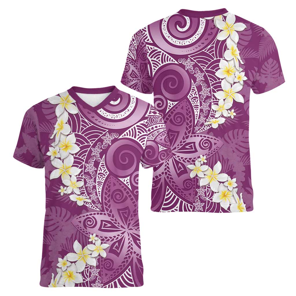 Pink Polynesian Tribal Frangipani Tropical Vibe Women V-Neck T-Shirt