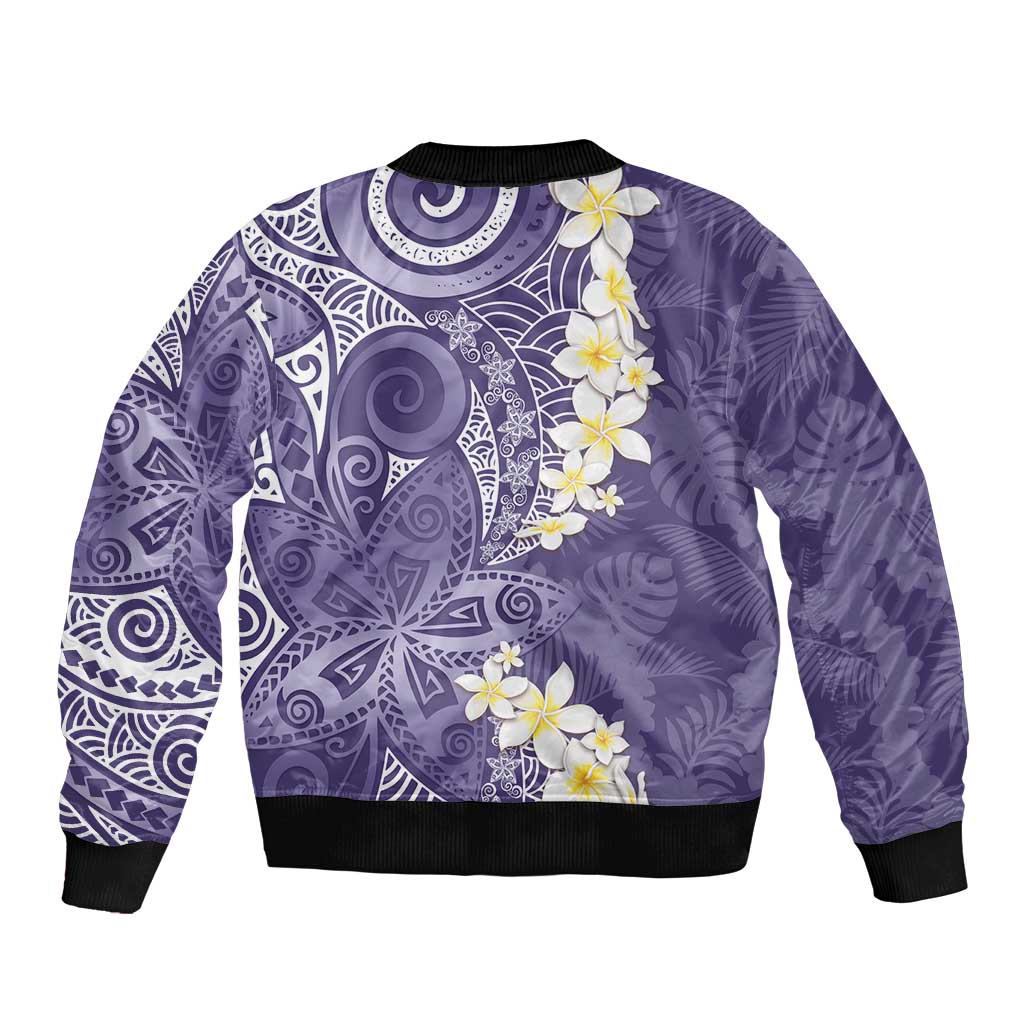 Violet Polynesian Tribal Frangipani Tropical Vibe Bomber Jacket
