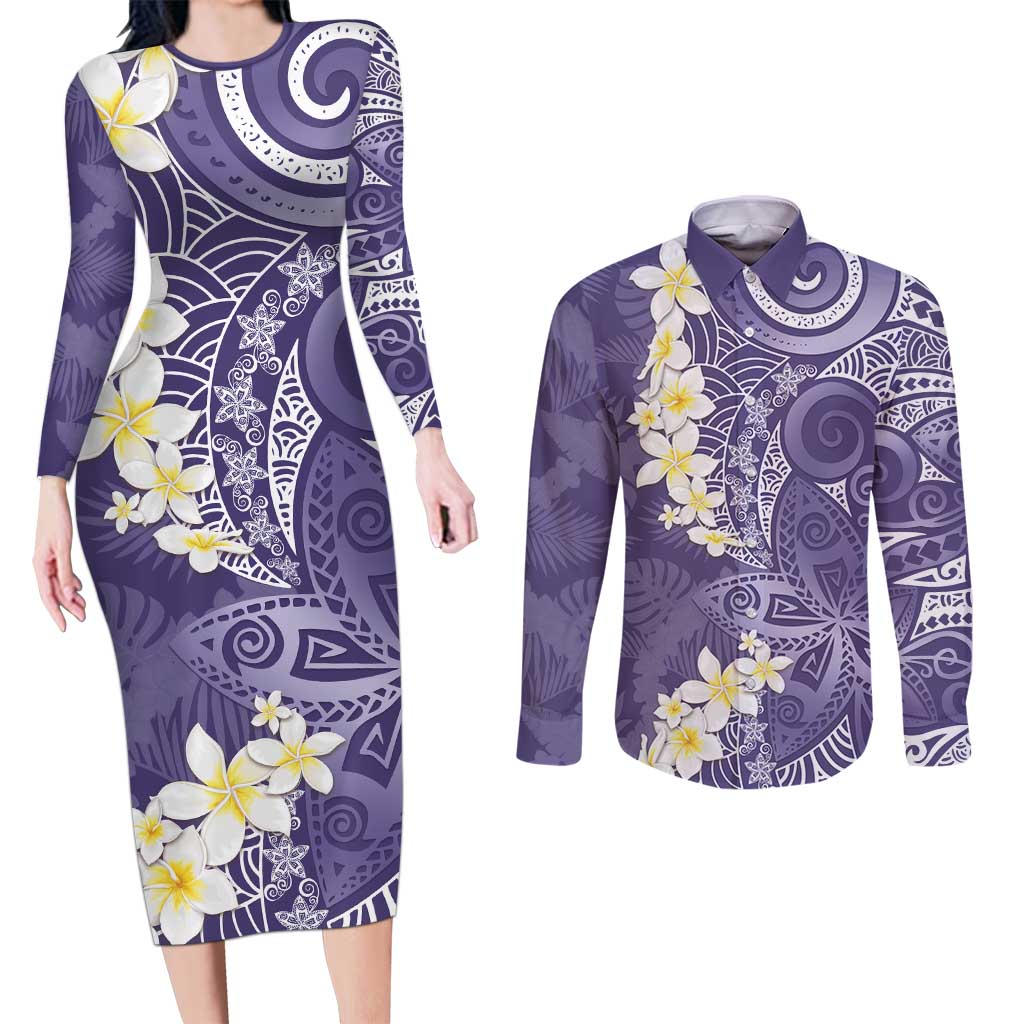 Violet Polynesian Tribal Frangipani Tropical Vibe Couples Matching Long Sleeve Bodycon Dress and Long Sleeve Button Shirt LT14 Violet - Polynesian Pride