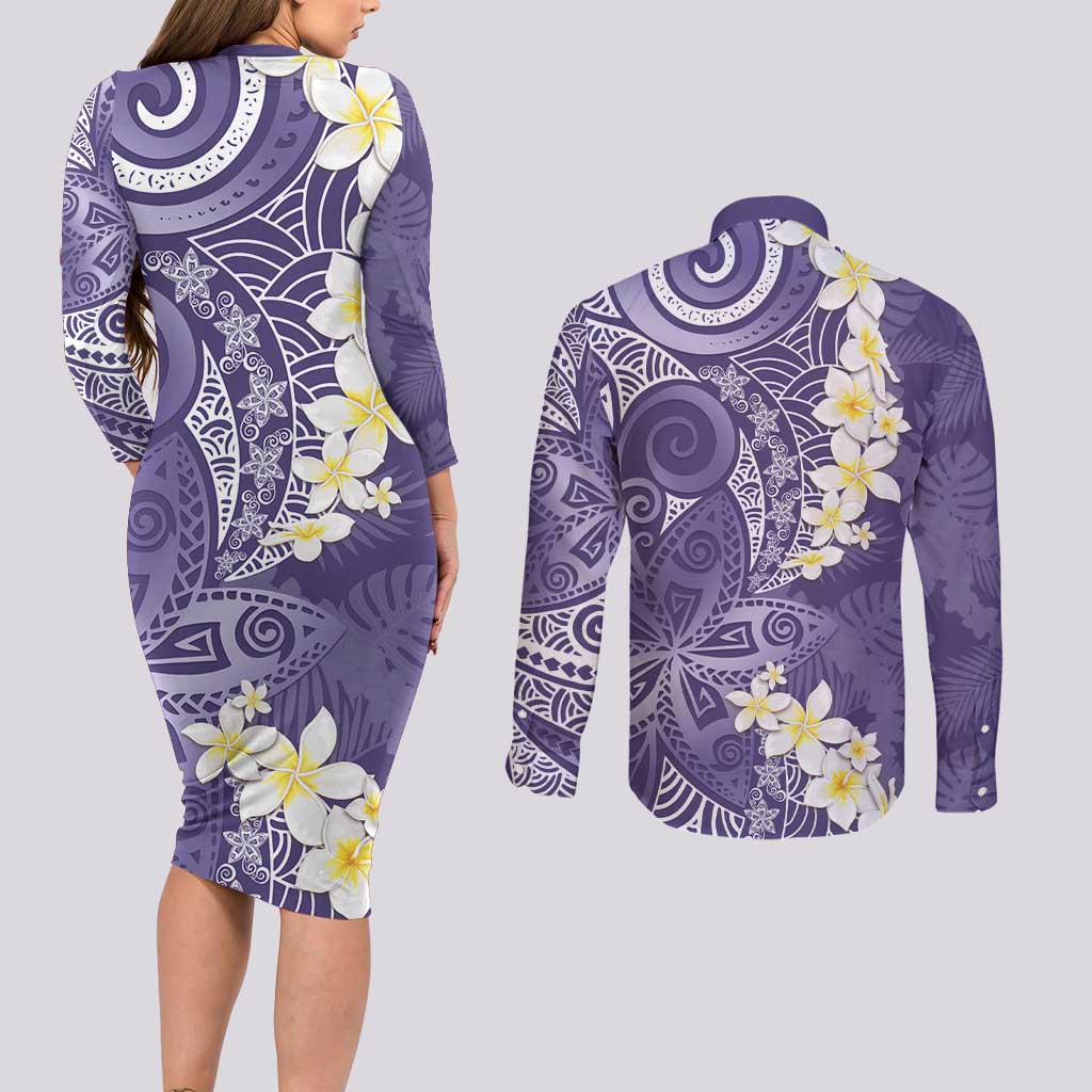 Violet Polynesian Tribal Frangipani Tropical Vibe Couples Matching Long Sleeve Bodycon Dress and Long Sleeve Button Shirt