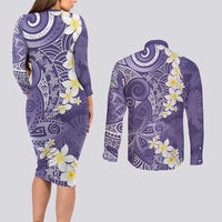 Violet Polynesian Tribal Frangipani Tropical Vibe Couples Matching Long Sleeve Bodycon Dress and Long Sleeve Button Shirt