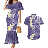 Violet Polynesian Tribal Frangipani Tropical Vibe Couples Matching Mermaid Dress and Hawaiian Shirt