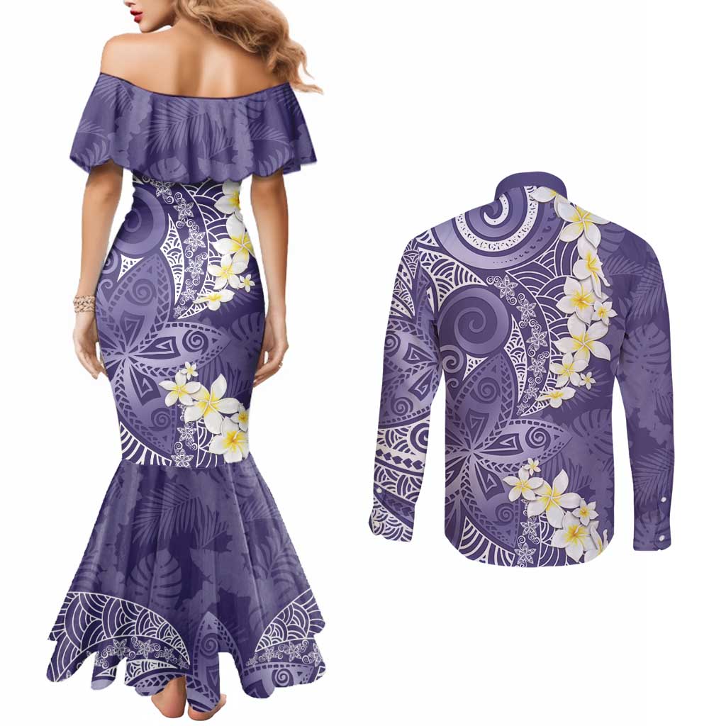Violet Polynesian Tribal Frangipani Tropical Vibe Couples Matching Mermaid Dress and Long Sleeve Button Shirt
