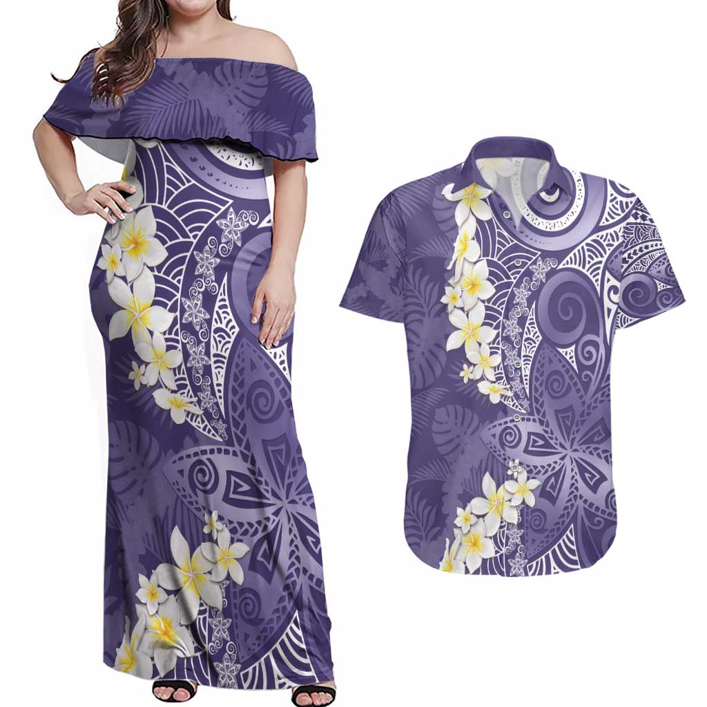 Violet Polynesian Tribal Frangipani Tropical Vibe Couples Matching Off Shoulder Maxi Dress and Hawaiian Shirt