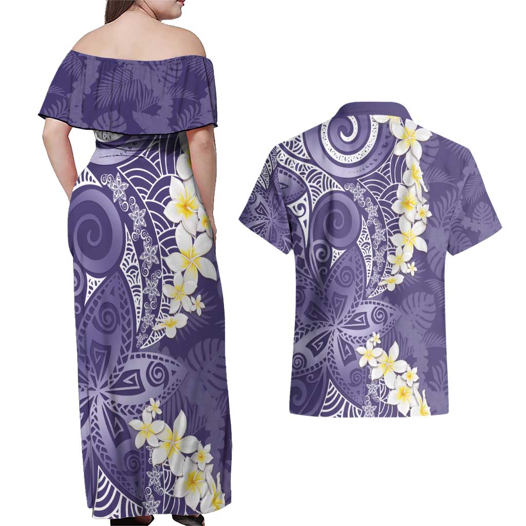 Violet Polynesian Tribal Frangipani Tropical Vibe Couples Matching Off Shoulder Maxi Dress and Hawaiian Shirt