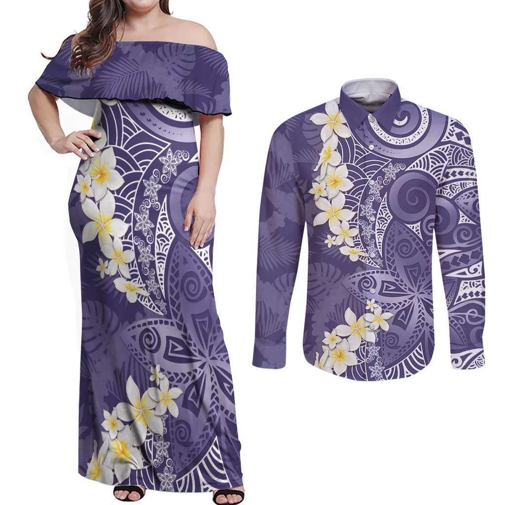 Violet Polynesian Tribal Frangipani Tropical Vibe Couples Matching Off Shoulder Maxi Dress and Long Sleeve Button Shirt