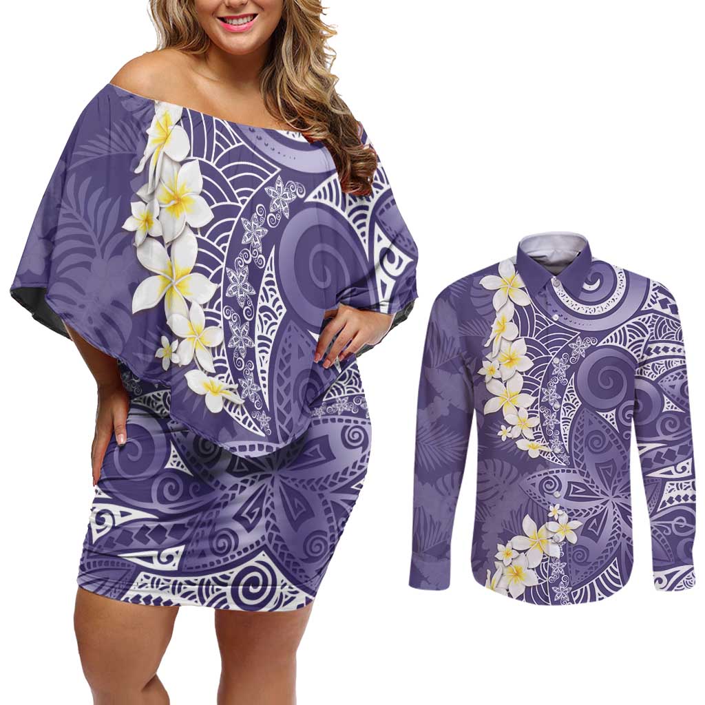 Violet Polynesian Tribal Frangipani Tropical Vibe Couples Matching Off Shoulder Short Dress and Long Sleeve Button Shirt