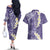 Violet Polynesian Tribal Frangipani Tropical Vibe Couples Matching Off The Shoulder Long Sleeve Dress and Hawaiian Shirt