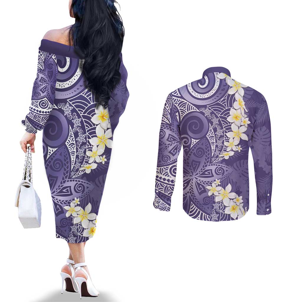 Violet Polynesian Tribal Frangipani Tropical Vibe Couples Matching Off The Shoulder Long Sleeve Dress and Long Sleeve Button Shirt