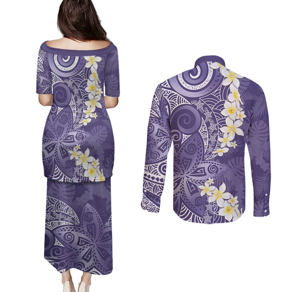 Violet Polynesian Tribal Frangipani Tropical Vibe Couples Matching Puletasi and Long Sleeve Button Shirt
