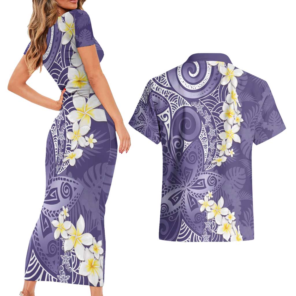 Violet Polynesian Tribal Frangipani Tropical Vibe Couples Matching Short Sleeve Bodycon Dress and Hawaiian Shirt