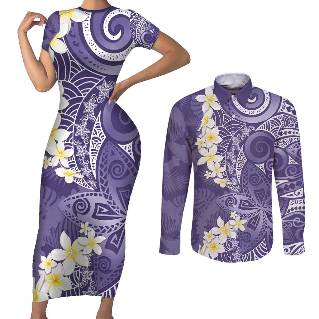 Violet Polynesian Tribal Frangipani Tropical Vibe Couples Matching Short Sleeve Bodycon Dress and Long Sleeve Button Shirt