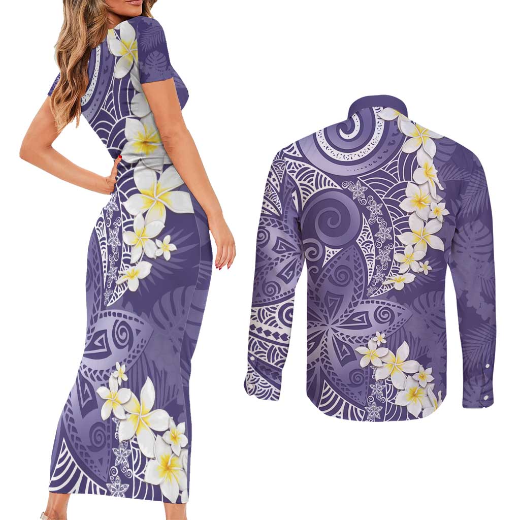 Violet Polynesian Tribal Frangipani Tropical Vibe Couples Matching Short Sleeve Bodycon Dress and Long Sleeve Button Shirt