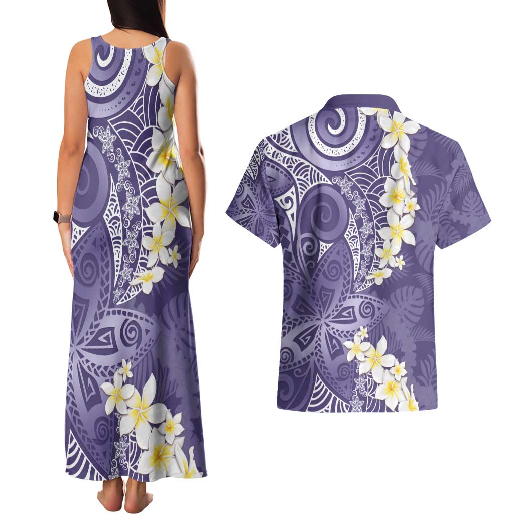 Violet Polynesian Tribal Frangipani Tropical Vibe Couples Matching Tank Maxi Dress and Hawaiian Shirt