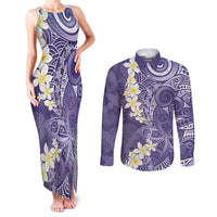 Violet Polynesian Tribal Frangipani Tropical Vibe Couples Matching Tank Maxi Dress and Long Sleeve Button Shirt
